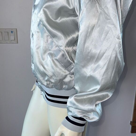 Vintage Satin Silver Gray Striped Rare Eagle Patch Nylon Bomber Jacket Men’s Lar - Picture 7 of 13